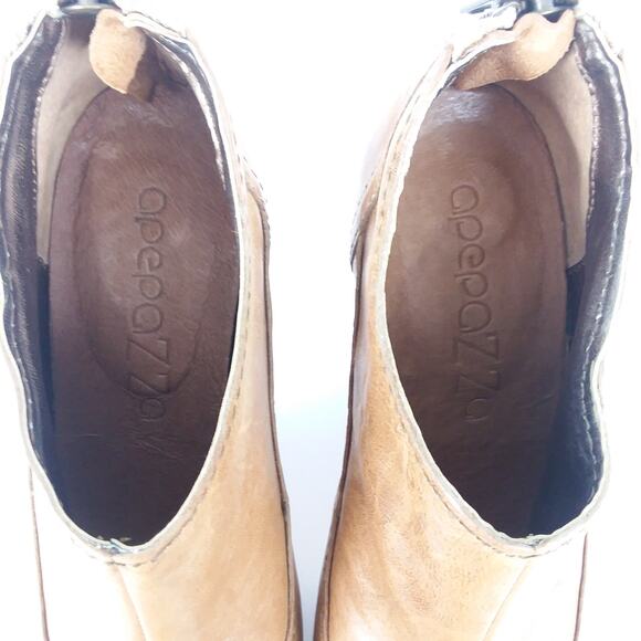 Apepazza Pavia Bootie 8.5 Tan Chunky Heel Distressed Leather Peeptoe Shoes Y2K‎ - Picture 9 of 12
